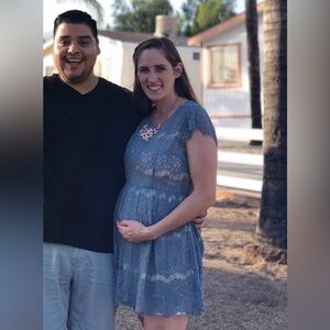 Dusty Blue lace dress. Bump friendly not actually maternity
